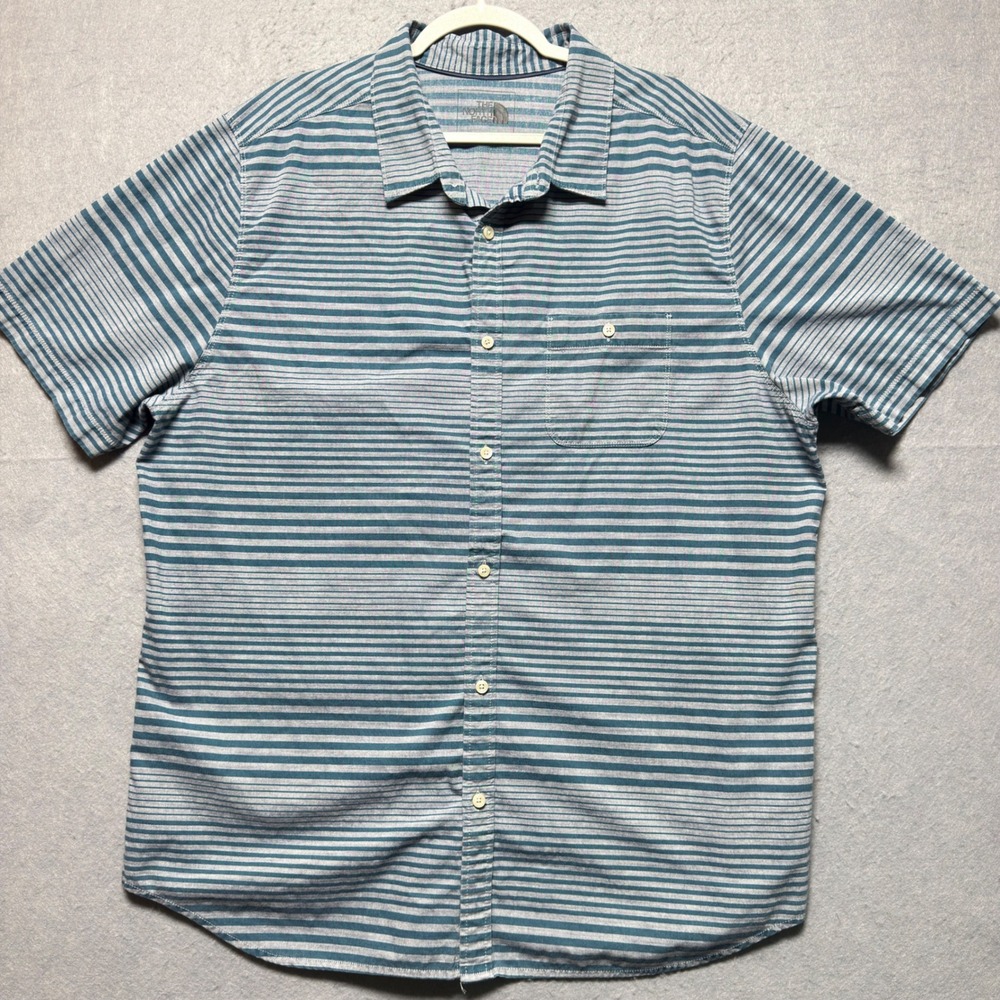 The North‎ Face Mens XXL Blue Grey Striped Short Sleeve Button Up Hiking Shirt